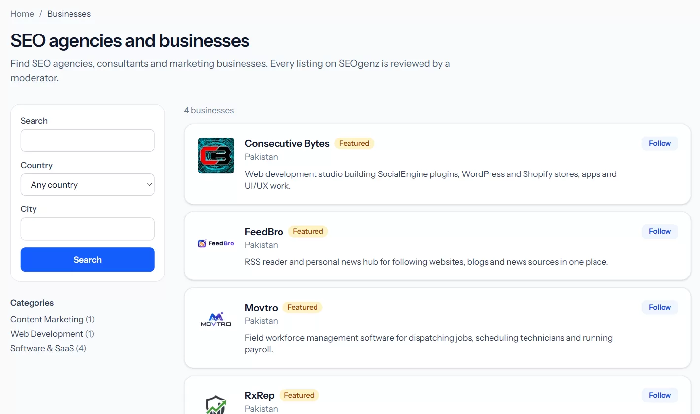 The SEOgenz business directory, with search, country and city filters and listings by category