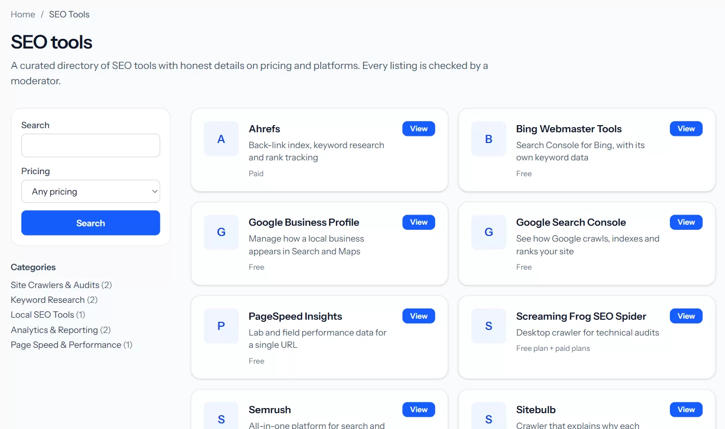 The SEOgenz tools directory, with pricing filter and categories