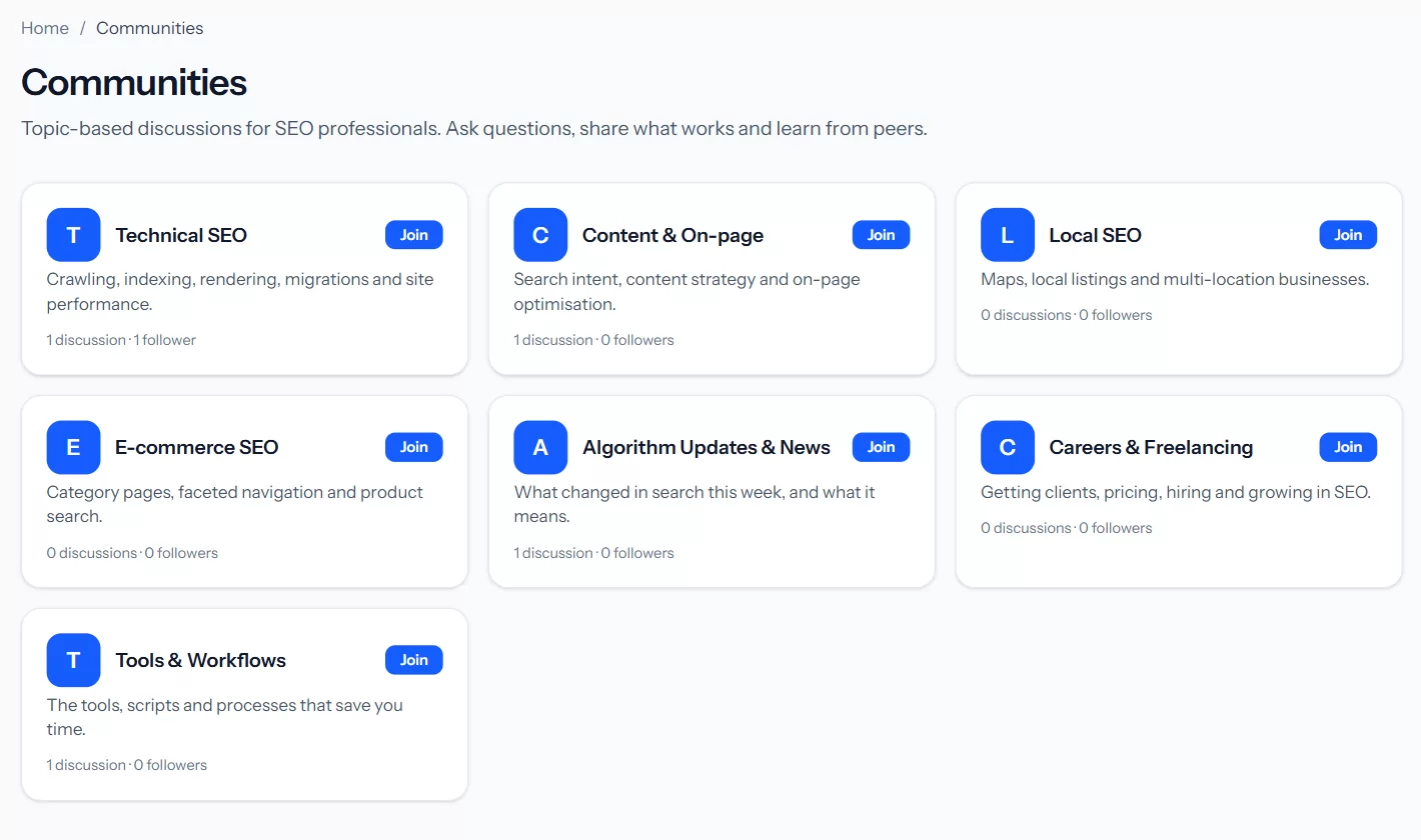 SEOgenz communities for technical SEO, content, local SEO, e-commerce, algorithm updates, careers and tools
