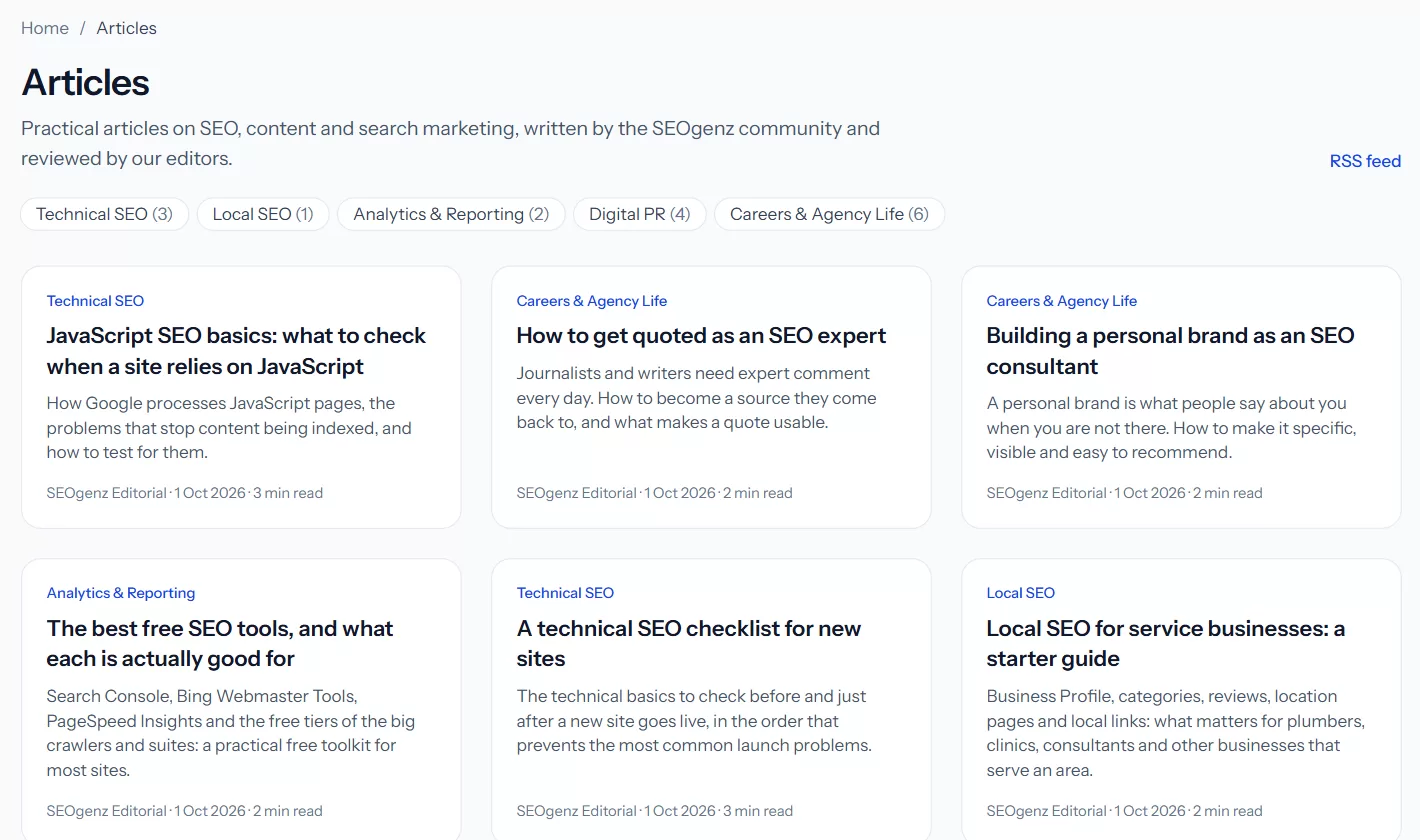 The SEOgenz articles section, with categories and recent articles