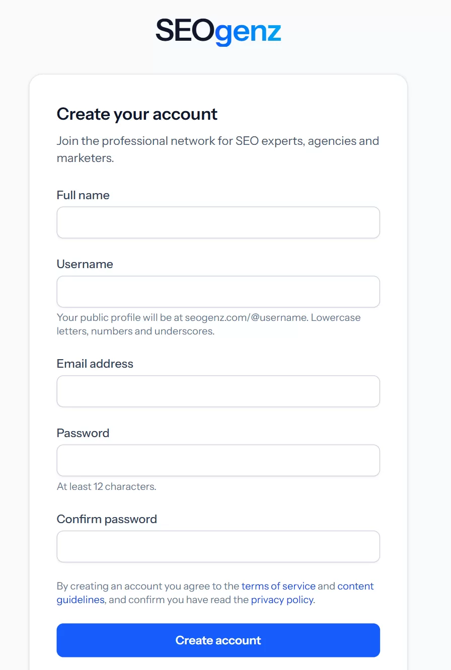 The SEOgenz sign-up form: full name, username, email address and password