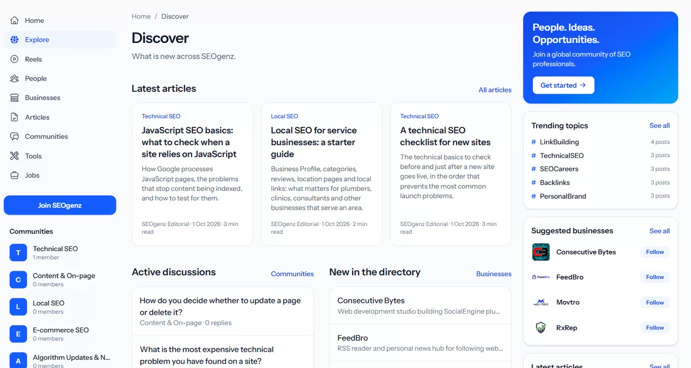 The Explore page with the main menu on the left, latest articles, active discussions and trending topics