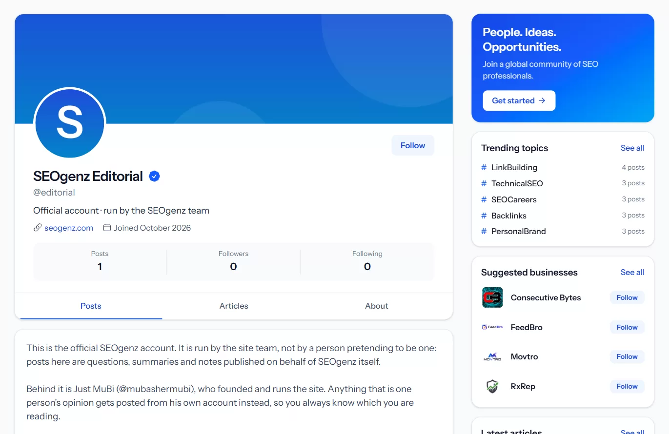 A profile page on SEOgenz with cover, photo, name, headline, and Posts, Articles and About tabs