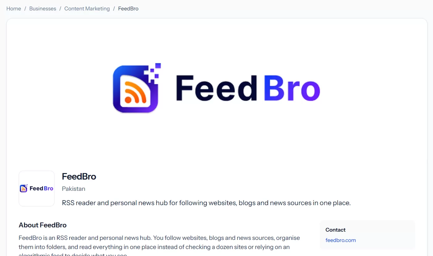 A business listing page with cover image, logo, description and contact details