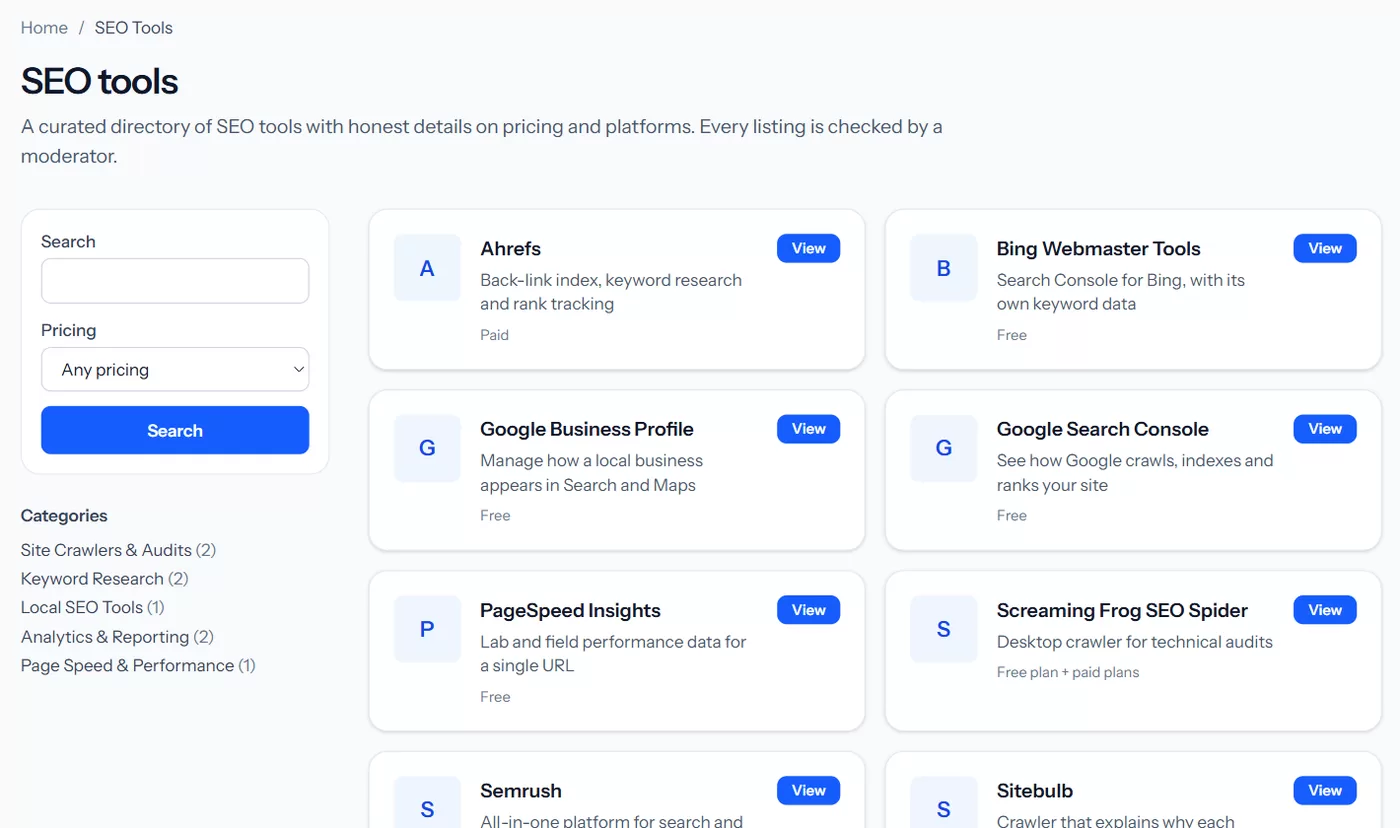 The SEOgenz tools directory with pricing labels and categories