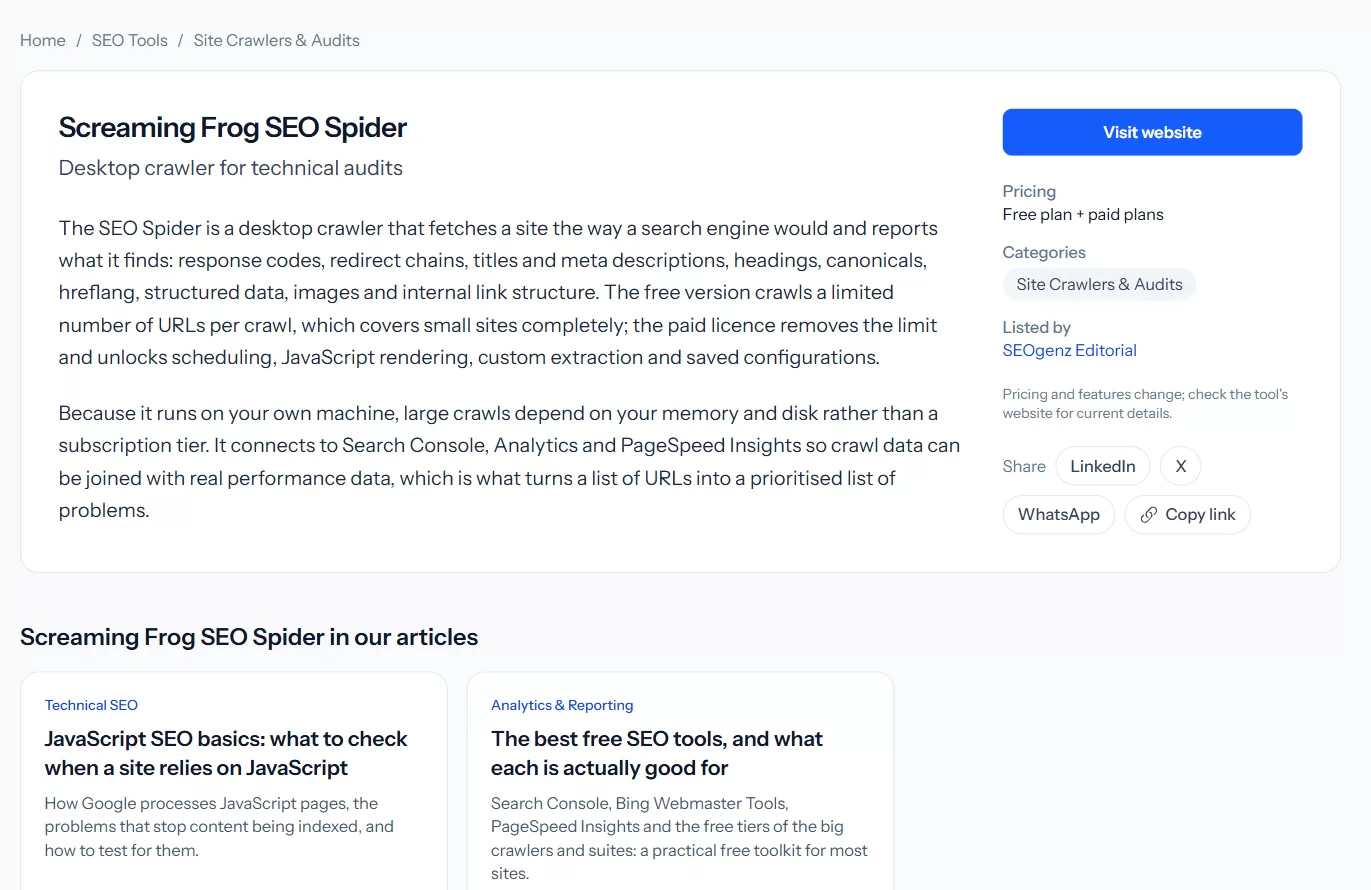 A tool page with description, pricing, categories and a Visit website button