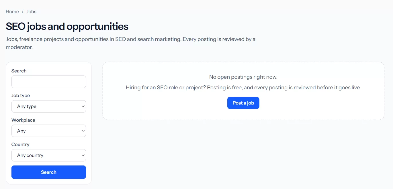 The SEOgenz jobs page with filters and a Post a job button